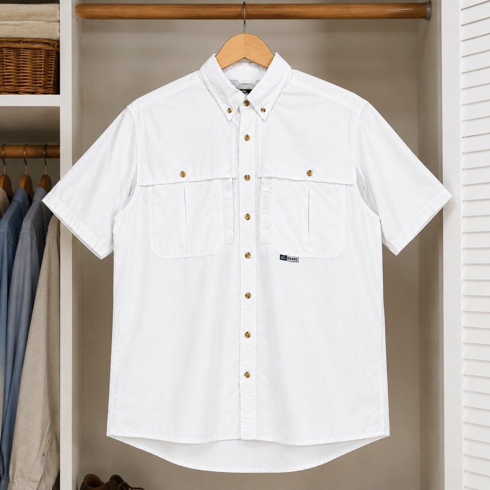 Drake Waterfowl Mens XL White Vented Short Sleeve Button Down Fishing Shirt
